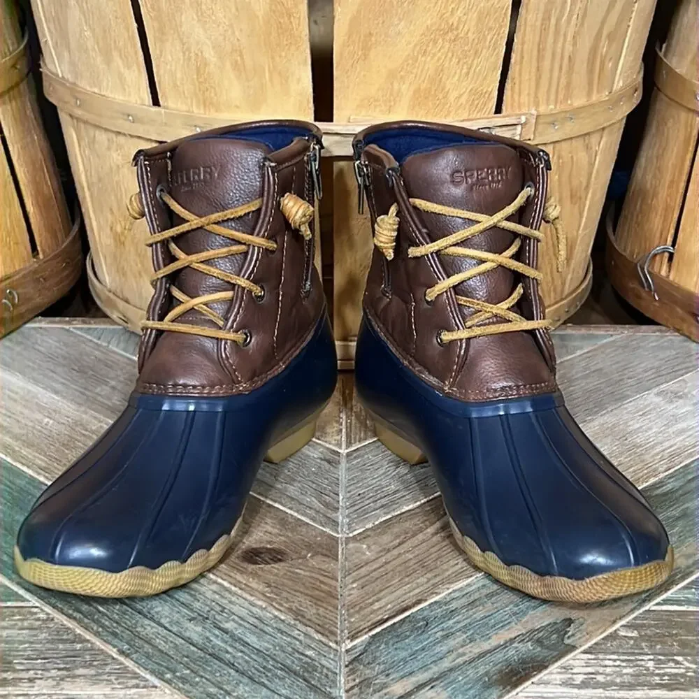 Sperry Saltwater Navy Brown Leather Rubber Waterproof Duck Boots Girls Size 5
